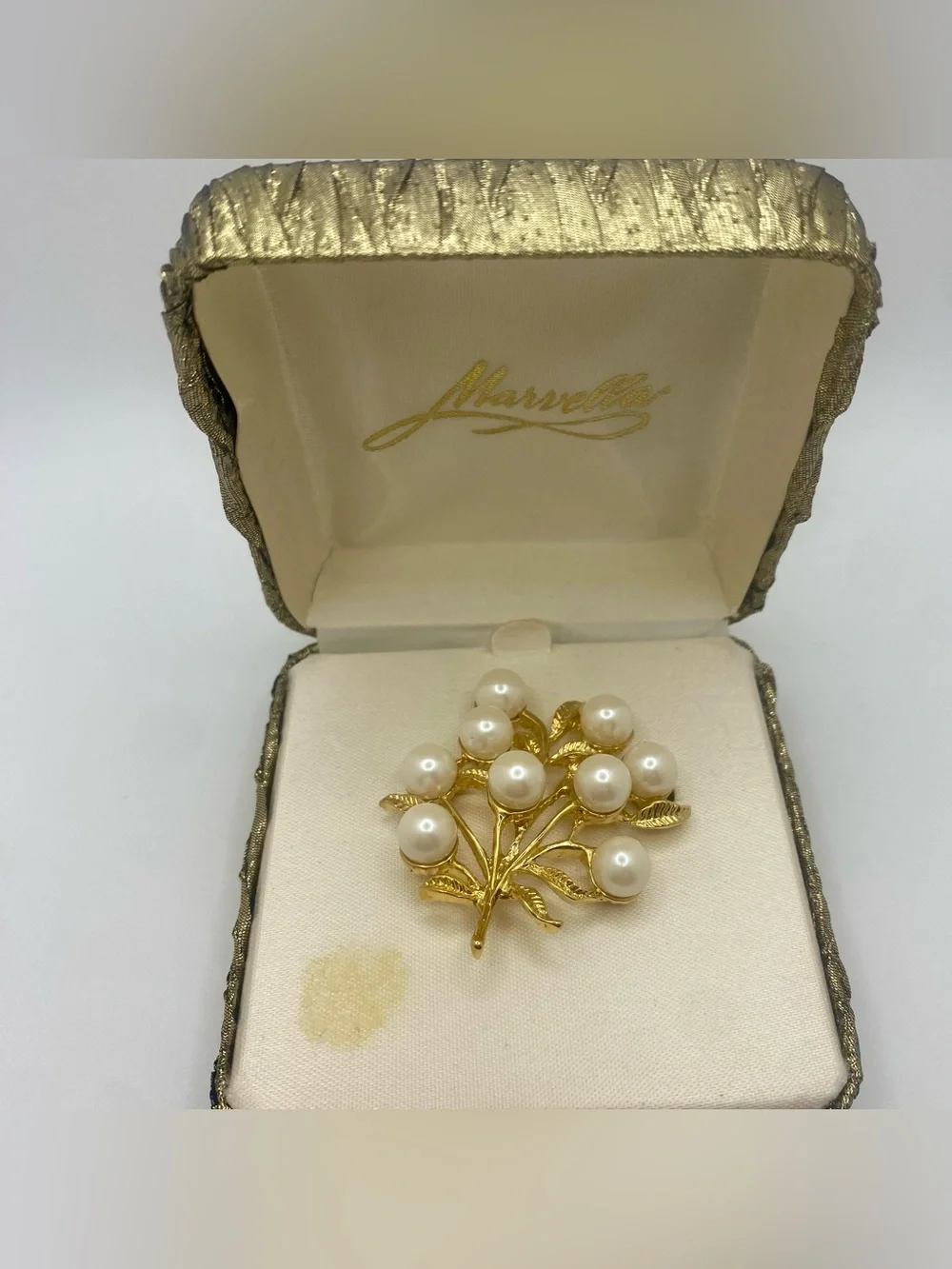 Vintage Marvella Faux Pearl & Gold-Tone Leaf Spray Brooch in Original Box